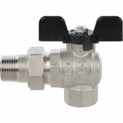 Кран шаровой с американкой угловой ВР-HР ручка бабочка 1/2" (Stout)