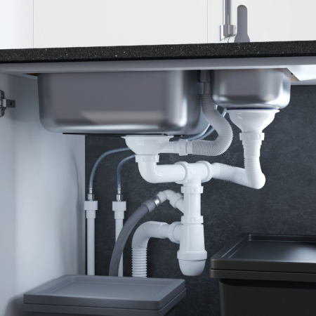 Сифон для двойной мойки с выпуском 3 1/2 с переливом и отводом, Kitchen Line, IDDIS, S21UPS0i84