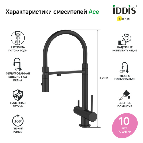 Смеситель для кухни с фильтром и гибким изливом, черный матовый, Ace, IDDIS, ACEBLFFi05