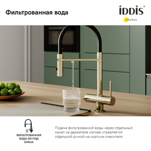 Смеситель для кухни с фильтром и гибким изливом, матовое золото, Ace, IDDIS, ACEMGFFi05