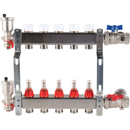 Коллектор из нержавеющей стали Rommer RMS-1210-000005 с расходомерами, клапаном выпуска воздуха, сливом и шаровыми кранами, 5 выходов