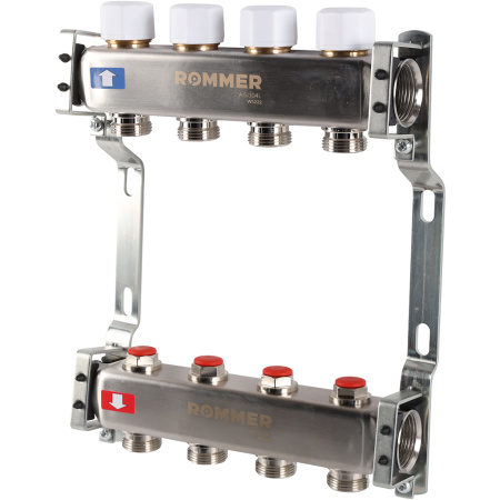 Коллектор из нержавеющей стали Rommer RMS-3200-000004 с запорными клапанами, 4 выхода
