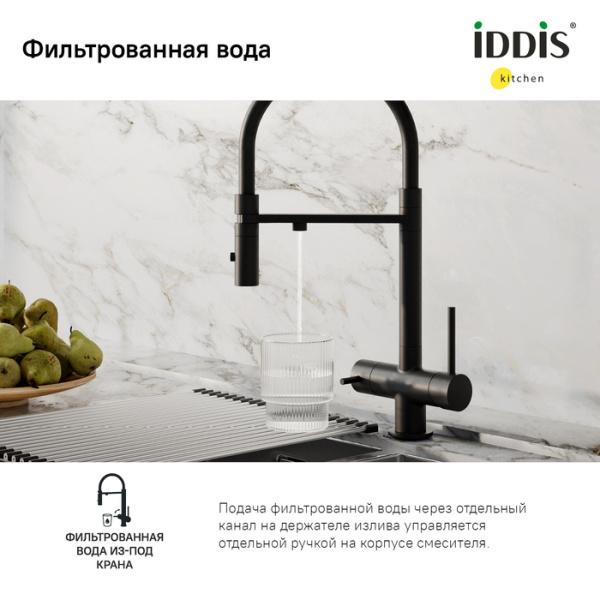 Смеситель для кухни с фильтром и гибким изливом, черный матовый, Ace, IDDIS, ACEBLFFi05