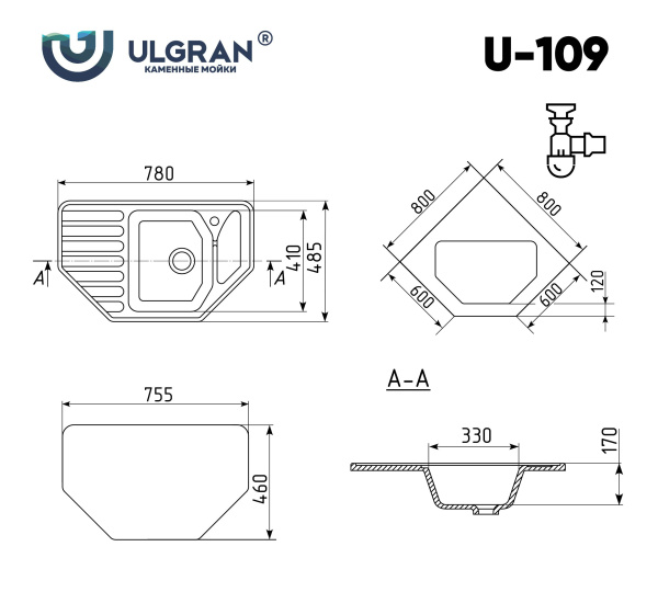 Мойка кухонная Ulgran U-109-342, графит