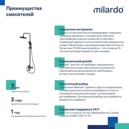 Смеситель для ванны с верхним душем, черный матовый, Rora, Milardo, RORBL4FM06