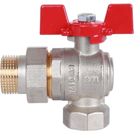 Шаровой кран угловой с американкой 3/4" ВН/НР, ручка бабочка (Rommer)