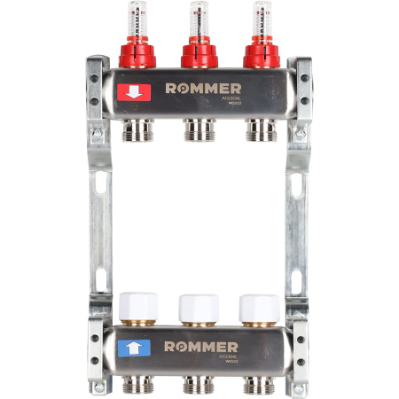 Коллектор из нержавеющей стали Rommer RMS-1200-000003 с расходомерами, клапаном выпуска воздуха и сливом, 3 выхода