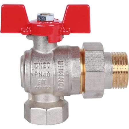 Шаровой кран угловой с американкой 3/4" ВН/НР, ручка бабочка (Rommer)