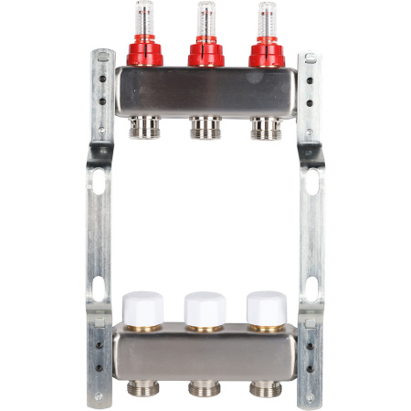 Коллектор из нержавеющей стали Rommer RMS-1200-000003 с расходомерами, клапаном выпуска воздуха и сливом, 3 выхода