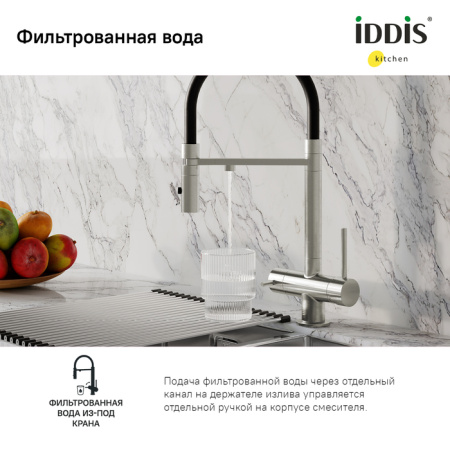 Смеситель для кухни с фильтром и гибким изливом, сатин, Ace, IDDIS, ACEBNFFi05