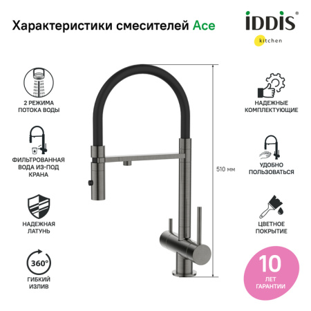 Смеситель для кухни с фильтром и гибким изливом, графит, Ace, IDDIS, ACEGMFFi05